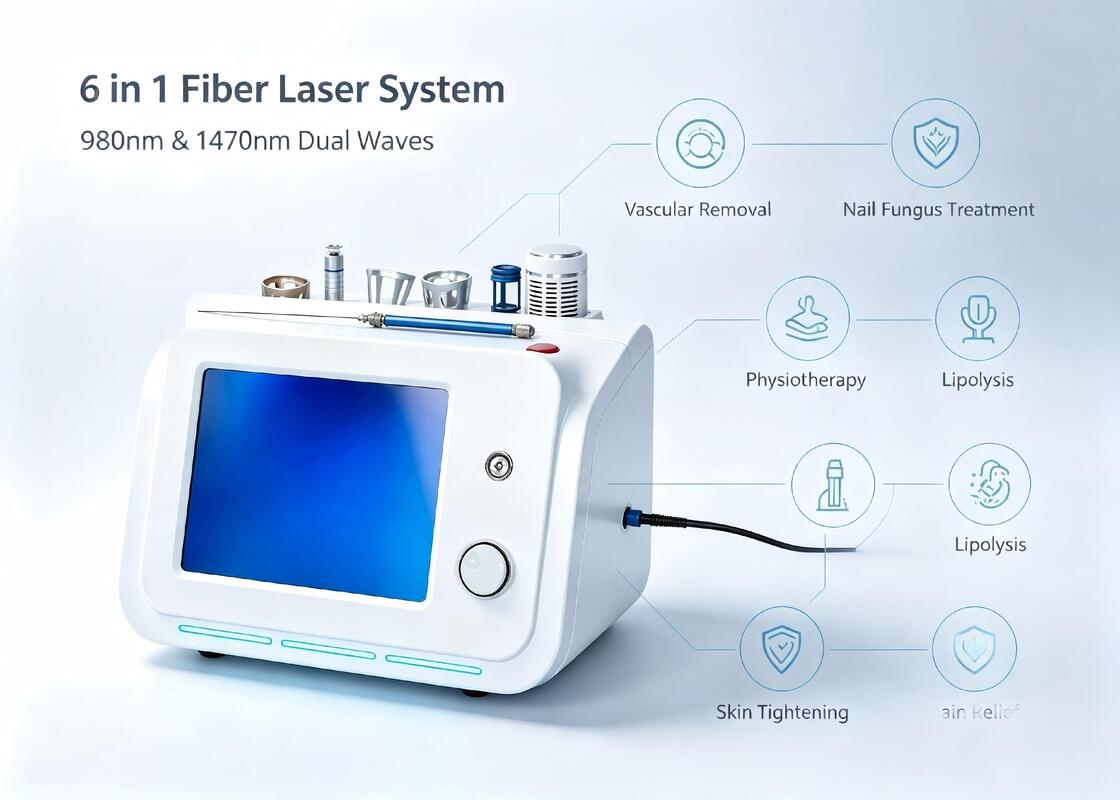 6 IN 1 Multifunctional Fiber Laser Platform  980nm 1470nm for Fat Melting, Vascular Removal, Nail Fungus Treatment, Physiotherapy